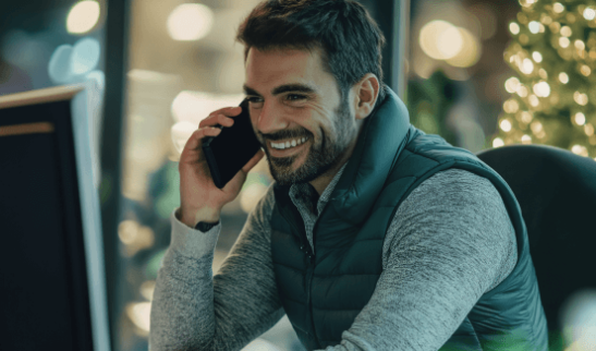 Man in a vest and shirt talking on a mobile phone, with a blurred background.