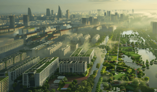 Aerial view of a modern city with skyscrapers partially shrouded in mist at dawn.