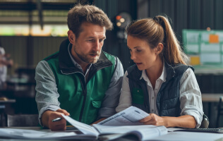 Two people in work attire looking at documents on a table in an industrial setting.