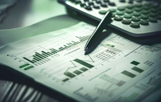 A pen and calculator on financial charts and data graphs.