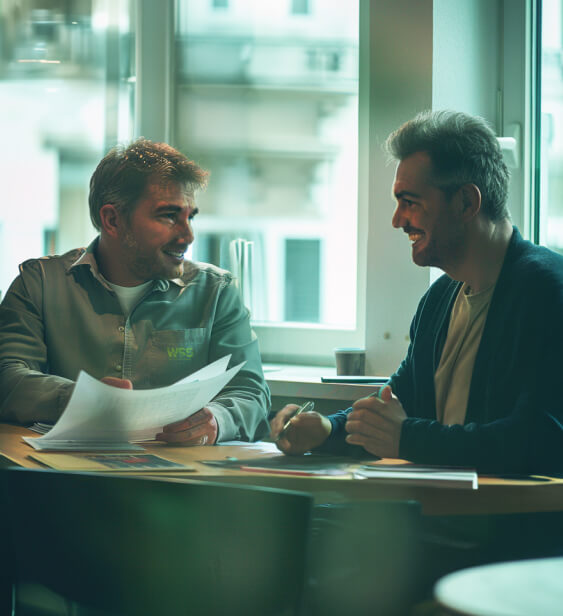 Two men in casual clothes sitting at the table