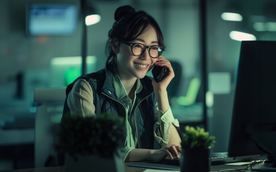 Woman at a desk with computer and phone in a dimly lit office.